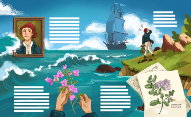 Illustration by Manu Cunhas showing explorers, a sailing ship, flowers, and botanical specimens by t