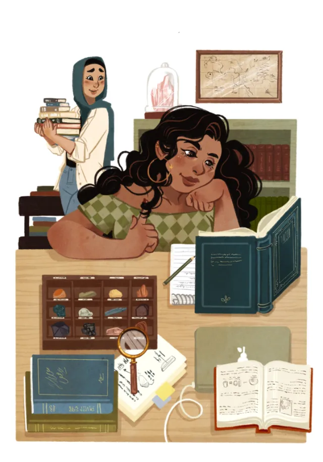 Illustration by Manu Cunhas of a woman reading at a desk surrounded by books.