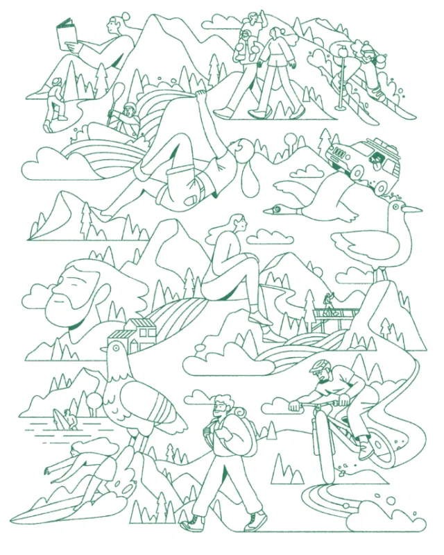 Whimsical mountain adventure line art by Joseph Carrington with hikers and wildlife