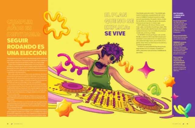 Colorful illustrated DJ mixing records, artwork by Tavo Montanez