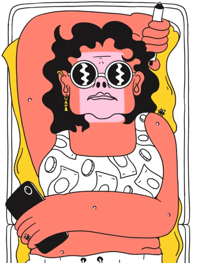 Illustration by Veronika Kiriyenko of a curly-haired person with oversized glasses