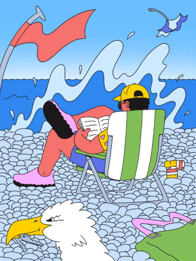 Illustration by Veronika Kiriyenko of a reader relaxing in a striped beach chair
