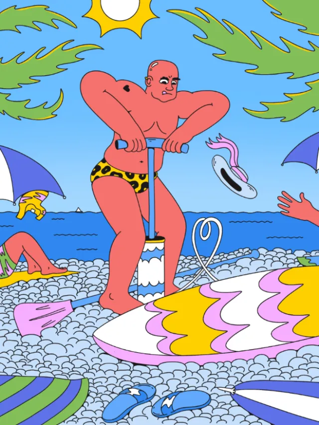 Colorful beach illustration by Veronika Kiriyenko with a red-skinned swimmer and waves