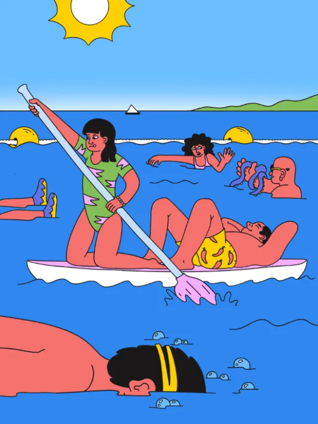 Illustration by Veronika Kiriyenko showing women playing and relaxing in ocean waves