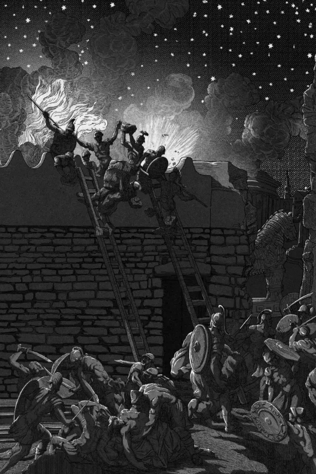 Studio Duco illustration of Greek warriors scaling Troy's fortified walls at night