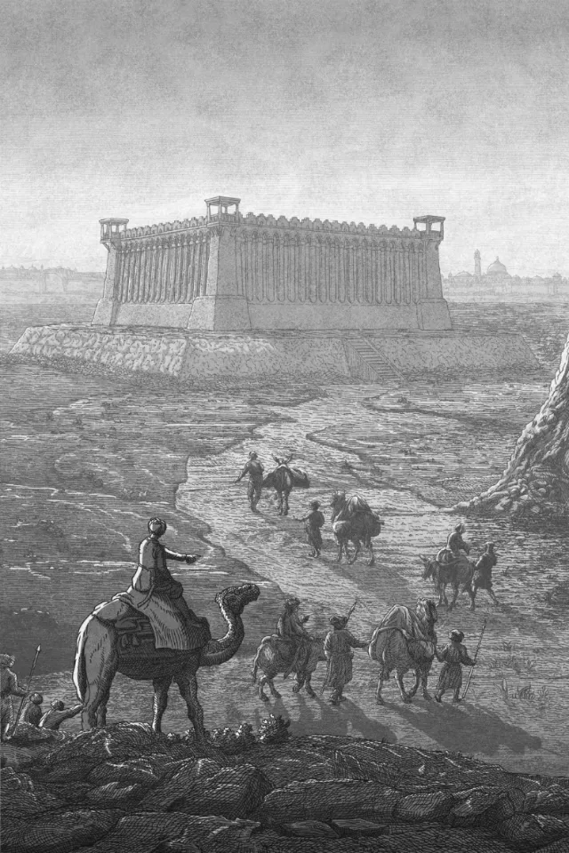 Studio Duco illustration of travelers approaching the Great Kyz Kala fortress