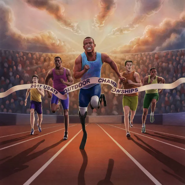 Diego Abreu artwork of a sprinter winning a track championship amid cheering competitors.