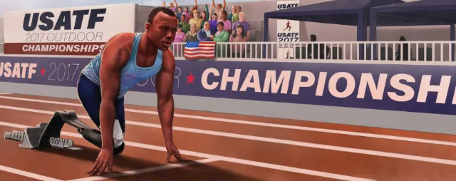 Illustration by Diego Abreu of a sprinter crouching at an indoor USATF championship track meet.