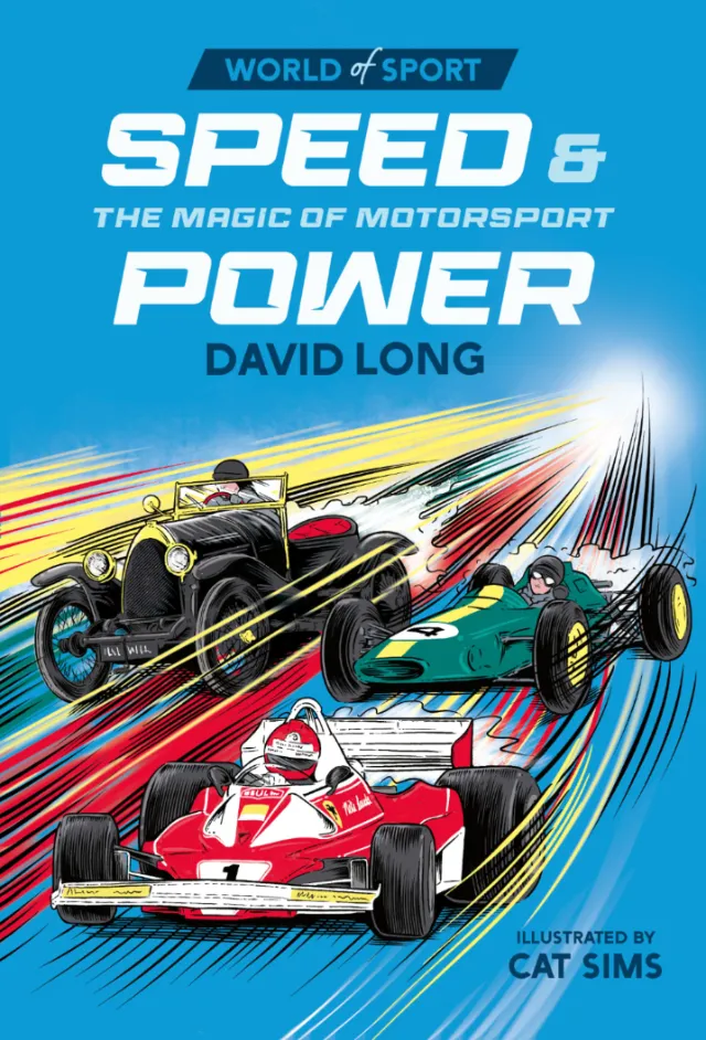 Book cover artwork by Cat Sims showing racing cars speeding around a track.
