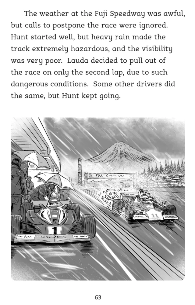 Cat Sims illustration of race cars driving through heavy rain on a mountain track