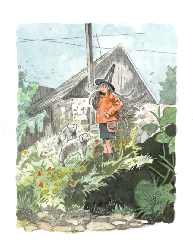 Parakid illustration of a child herding sheep beside a farmhouse