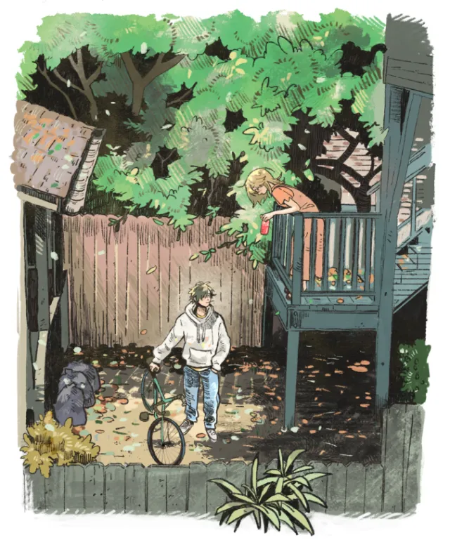 Parakid illustration of a child with a bicycle in a leafy backyard