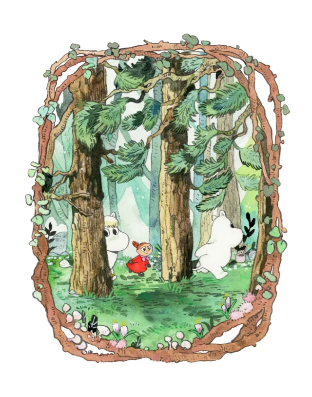 Whimsical forest clearing with a small red-clad figure, illustrated by Parakid