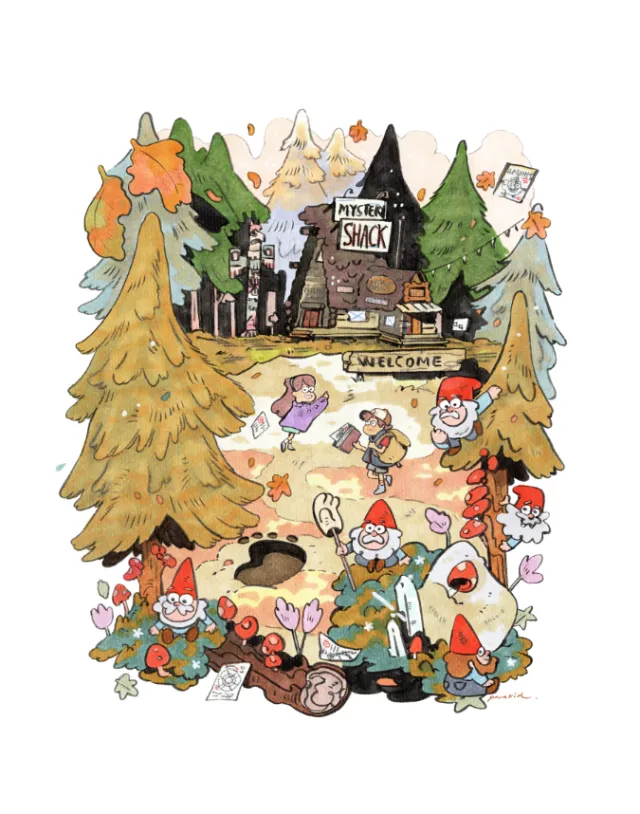 Parakid illustration of a festive Christmas forest village with animals and decorations