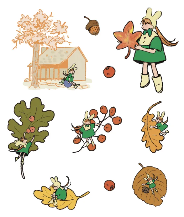 Autumn woodland fairies and leaves, illustrated by Parakid.