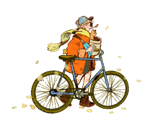 Parakid illustration of a bundled cyclist riding a bicycle with a small dog