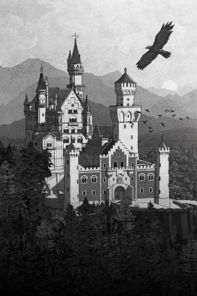Studio Duco illustration of an ornate castle in a mountainous forest landscape