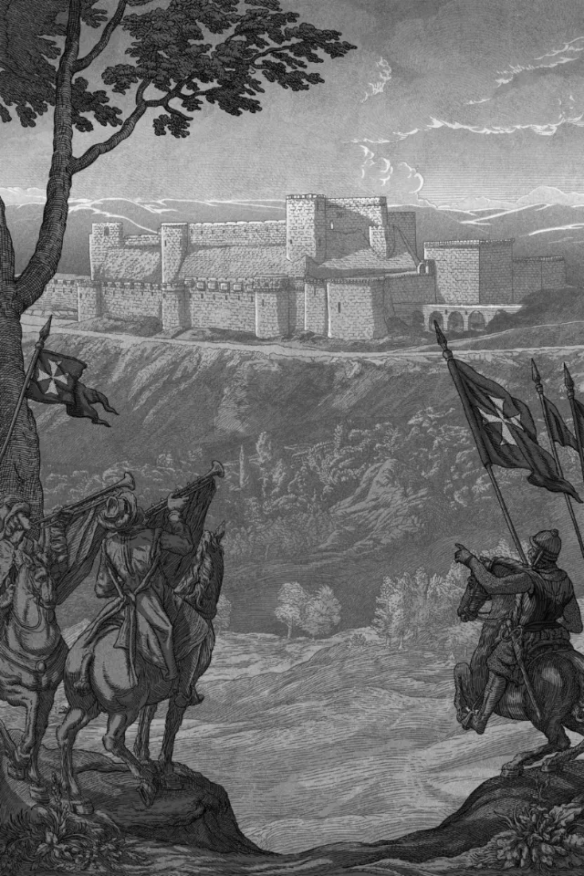 Studio Duco illustration of mounted figures approaching a fortress