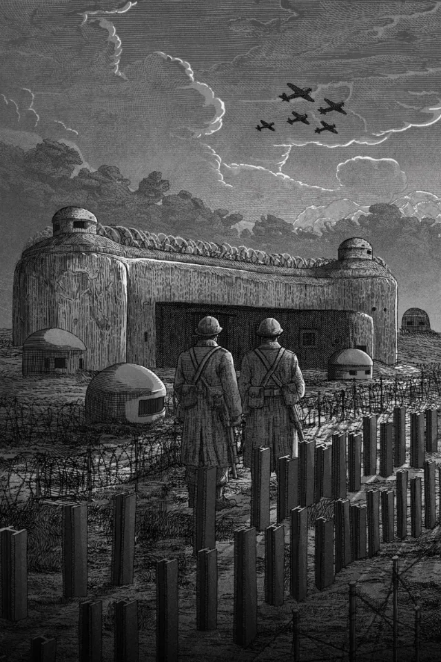 Studio Duco illustration of two figures by a barbed-wire fence and bunkers
