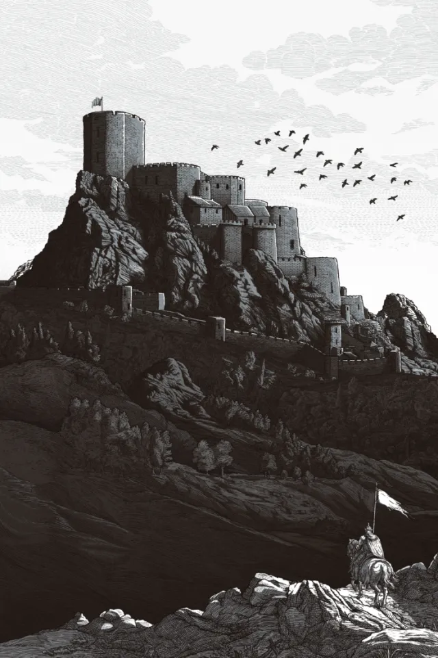 Castle illustration by Studio Duco with birds and a flag