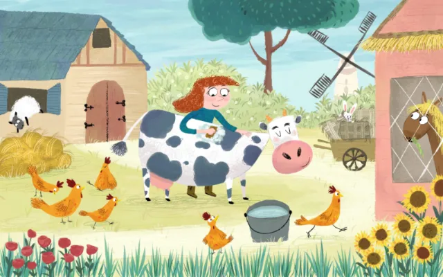 Dalia Awad illustration of a child riding a spotted cow on a farm