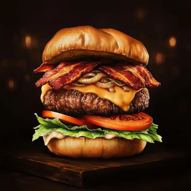Diego Abreu’s illustration of a towering bacon cheeseburger with mushrooms, lettuce, tomato, and m