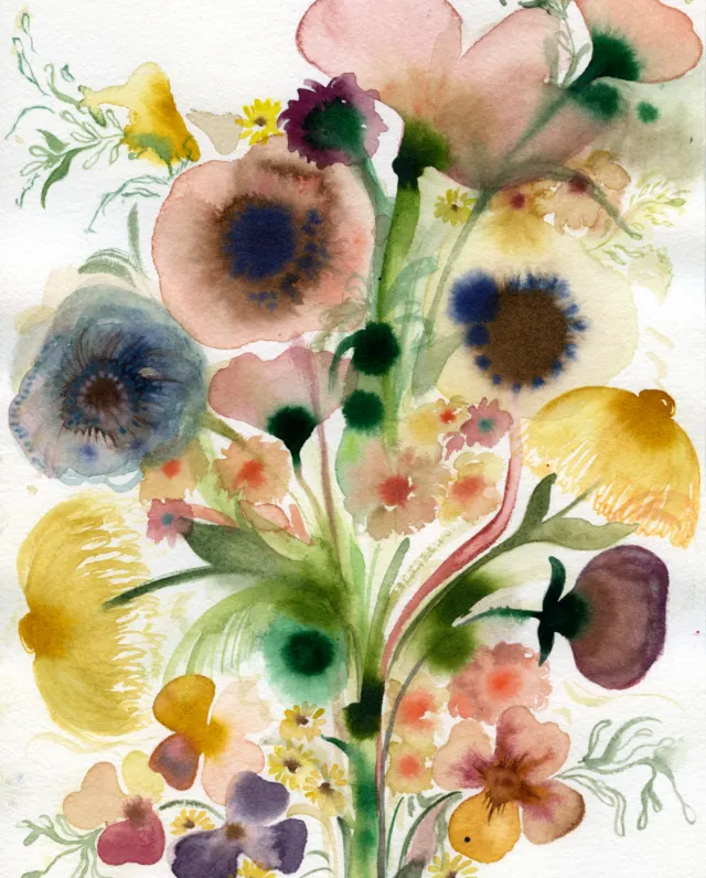 Watercolor wildflower bouquet by Nadia Flower with colorful blooms and green foliage