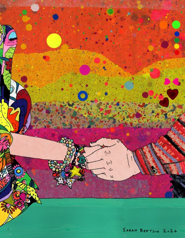 Sarah Beetson artwork showing two hands exchanging a colorful beaded bracelet