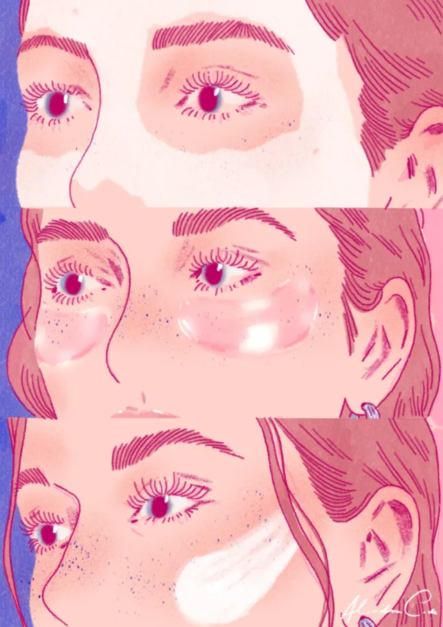 Alxndra Cook illustration of a woman testing beauty products around her eyes