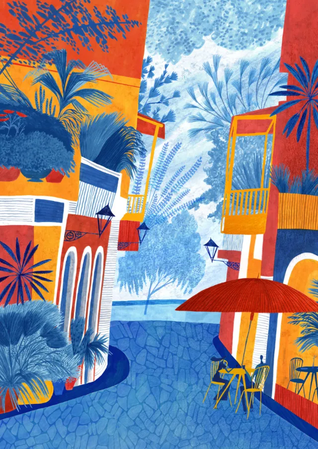 Colorful Puerto Rico coastal street illustration by Rosanna Tasker