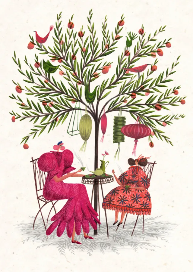 Rosanna Tasker illustration of two women seated beneath a tree with lanterns and birds
