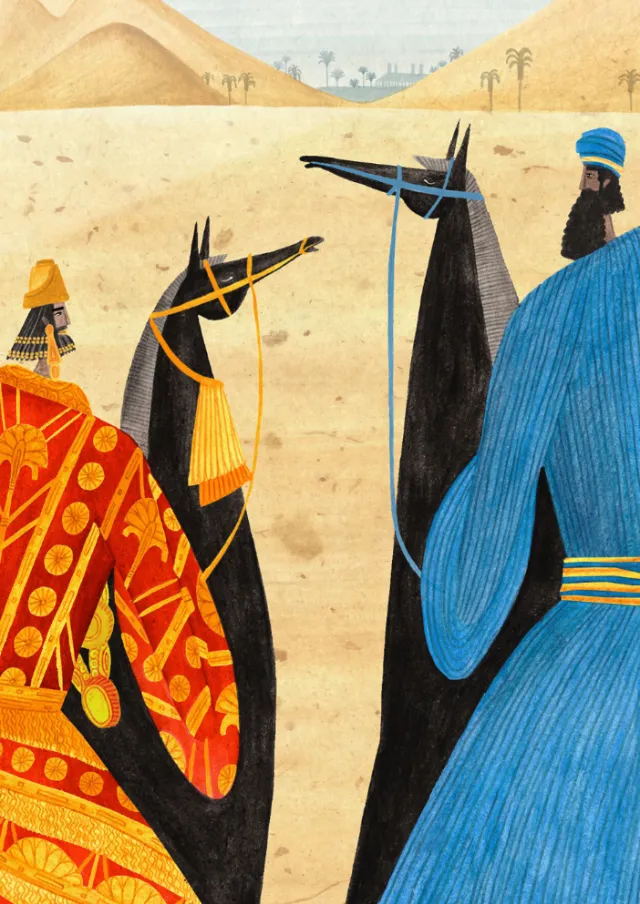 Rosanna Tasker's illustration of horsemen and animals in a desert