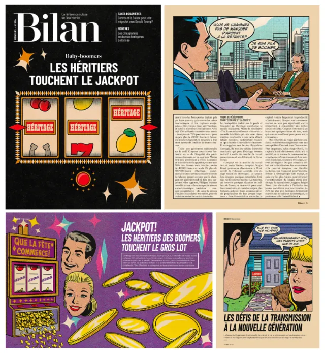 Joseph McDermott's illustrated Bilan Magazine cover and interior pages