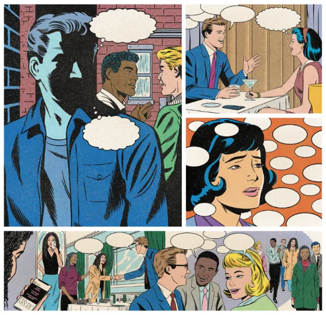 Comic-style love and friendship scenes by Joseph McDermott