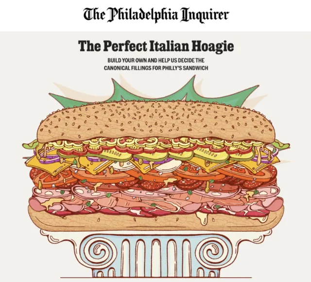 Lively Scout illustration of a richly layered Italian hoagie on a pedestal.
