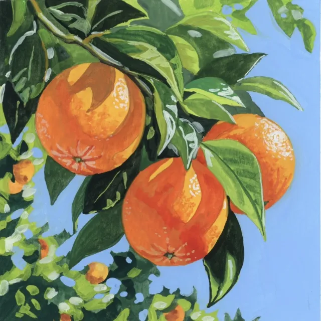 KE Birch painting of oranges, green leaves, and blue flowers