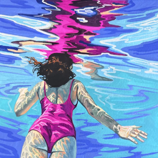 KE Birch artwork showing a tattooed swimmer in a pink swimsuit floating in blue water.