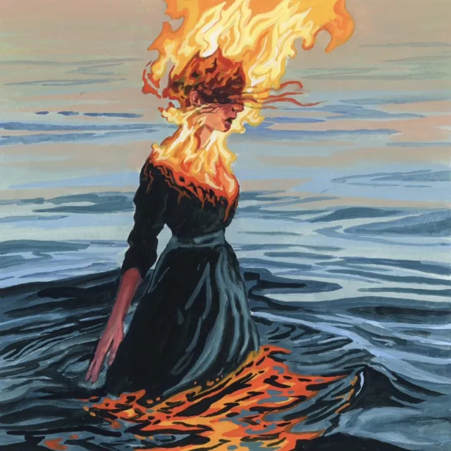 KE Birch artwork showing a flaming figure standing in dark ocean water