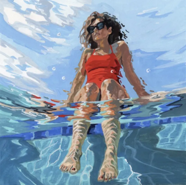 KE Birch artwork of a woman in sunglasses and a red swimsuit in water