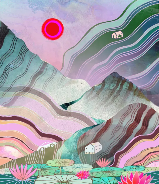 Crystal landscape artwork by Hannah Davies with layered mountains and flowers