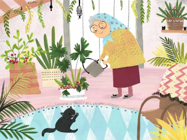 Dalia Awad illustration of an elderly woman watering plants beside a black cat