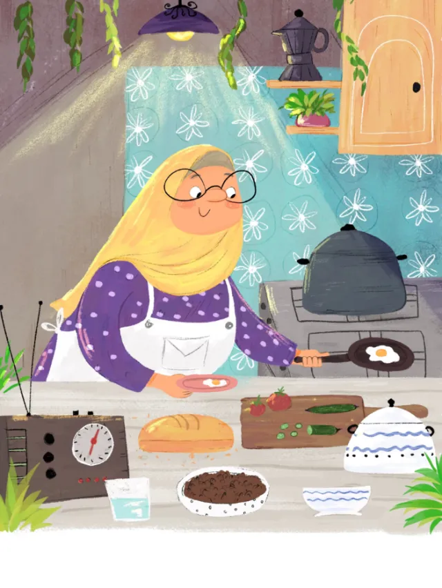 Dalia Awad illustration of a grandmother cooking in a colorful kitchen