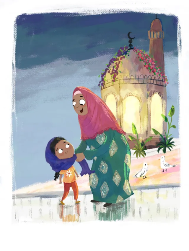 Illustration by Dalia Awad showing a mother and child beside a glowing mosque