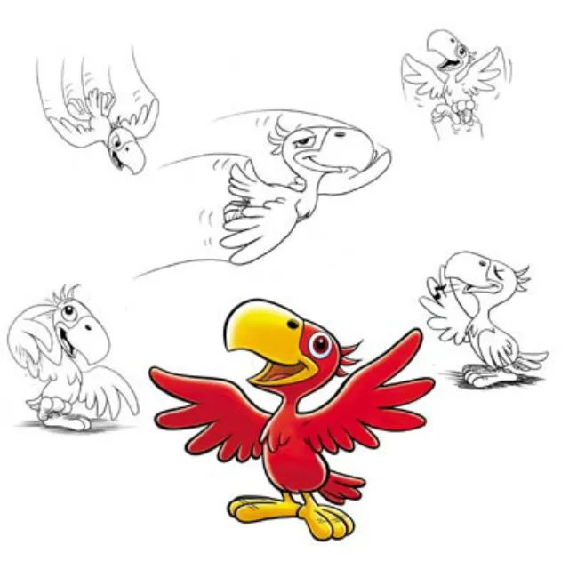 Red parrot cartoon with bird sketches by Kai Klimiont
