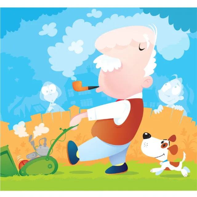 Man walking dog and mowing lawn by Nick Diggory