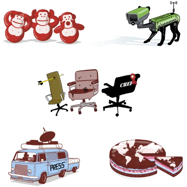 Illustration with monkeys, robotic dog, chairs, press van, and world map cake by Tobias Wandres