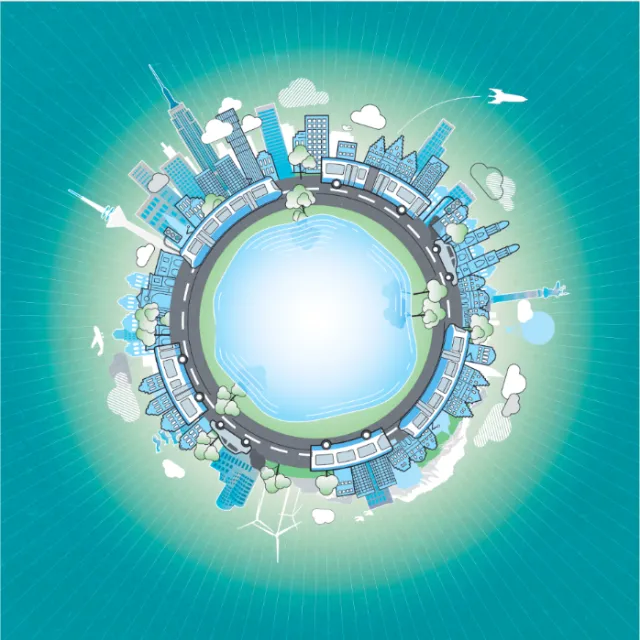 Circular cityscape illustration with buildings, roads, and airplanes by Tobias Wandres
