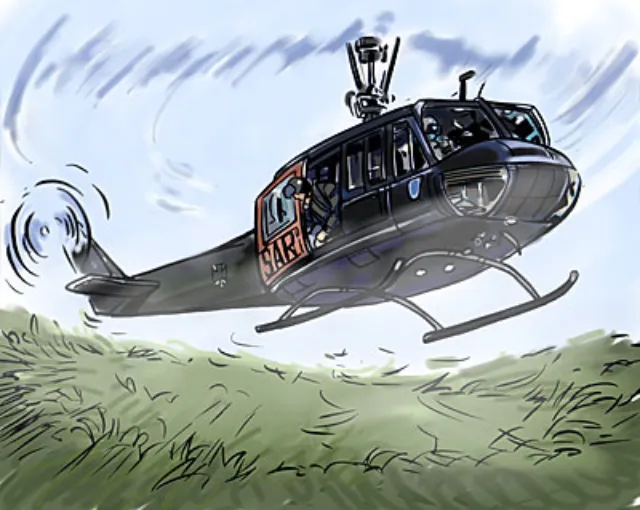 Helicopter landing on the grass, Green hill