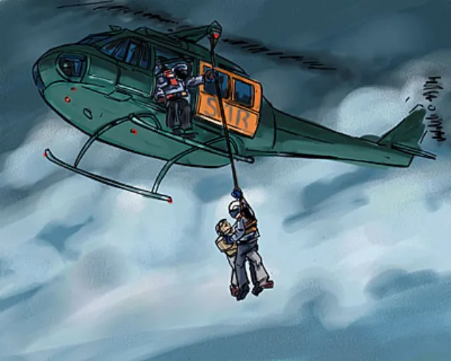 helicopter flying in the sky, man getting down from helicopter with help of rope
