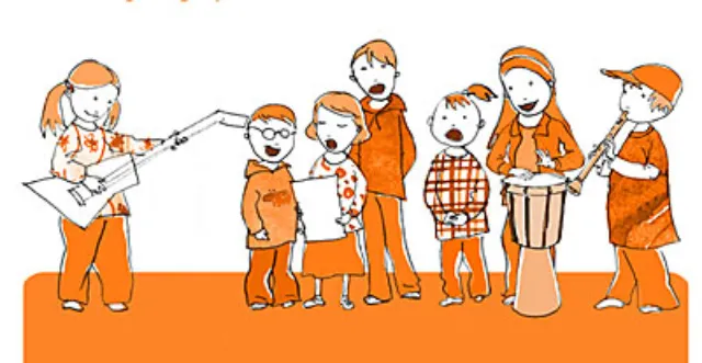 Children playing musical instruments and singing in an illustration by Silke Bachmann